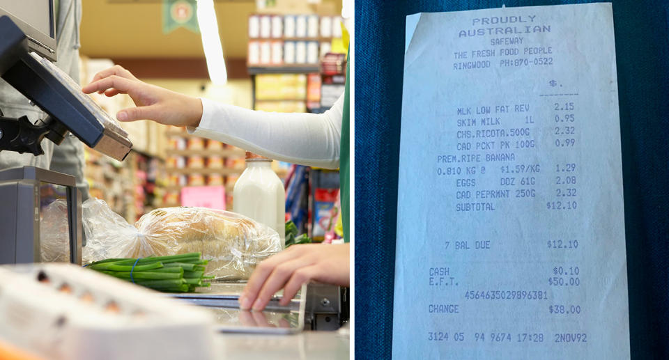 Supermarket cashier; Safeway receipt from 1992
