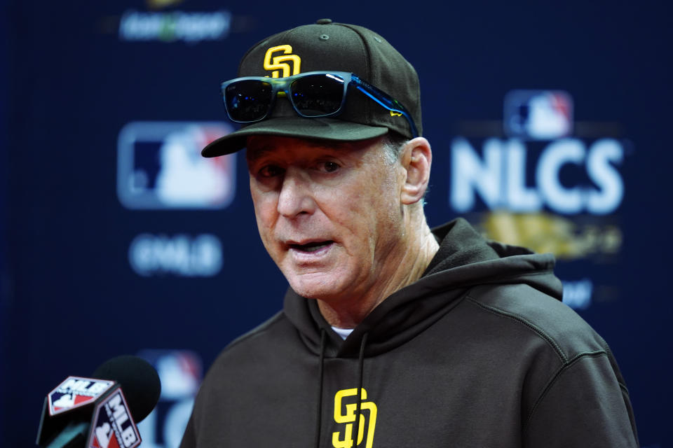 San Diego Padres manager Bob Melvin speaks during a news conference ahead of Game 3 of the baseball National League Championship Series against the Philadelphia Phillies, Thursday, Oct. 20, 2022, in Philadelphia. (AP Photo/Matt Rourke)