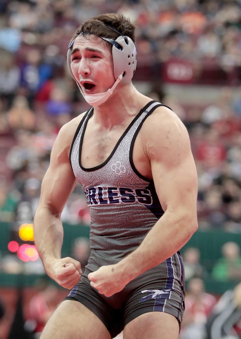 Fairless' Max Kirby celebrates his semifinal win over Dylan Newsome of Hartley in their 165-pound match at the OHSAA State Tournament in Columbus Saturday.