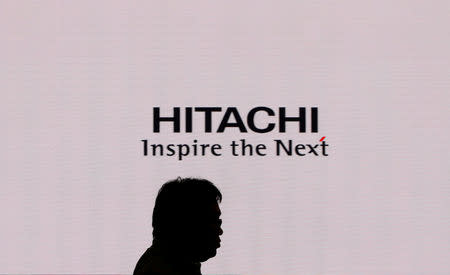 A logo of Hitachi Ltd. is pictured at the CEATEC JAPAN 2017 (Combined Exhibition of Advanced Technologies) at the Makuhari Messe in Chiba, Japan, Oct. 2, 2017. REUTERS/Toru Hanai/Files