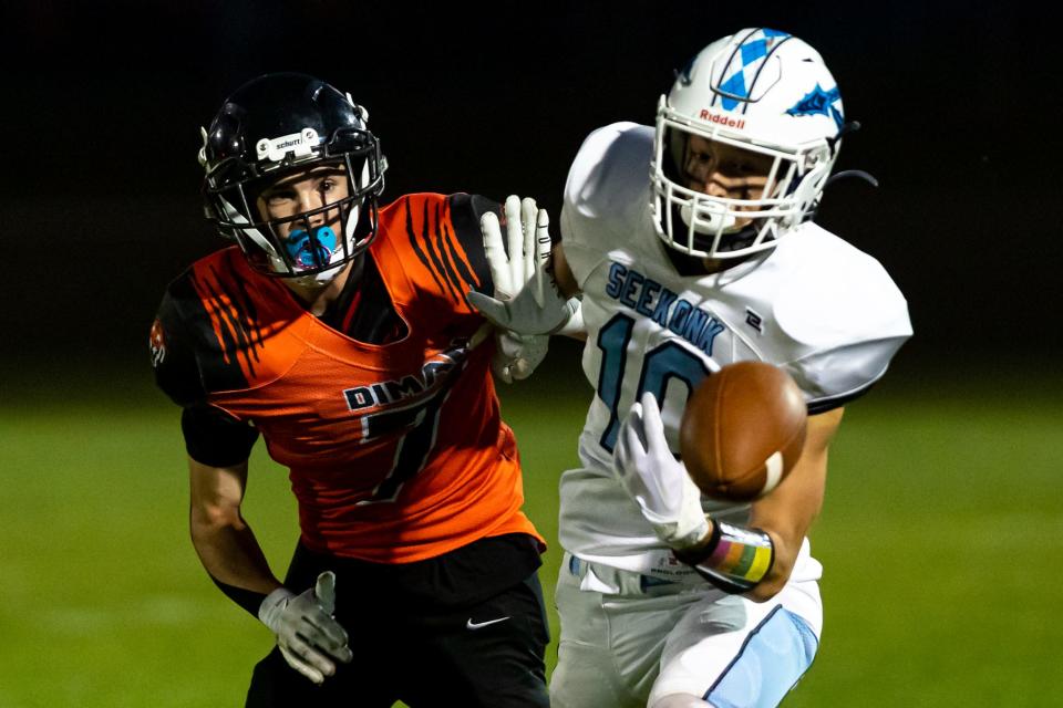 Diman’s Charlie Vernon plays tight defense on Seekonk’s Aiden Petersen on an incomplete pass during a recent home game.