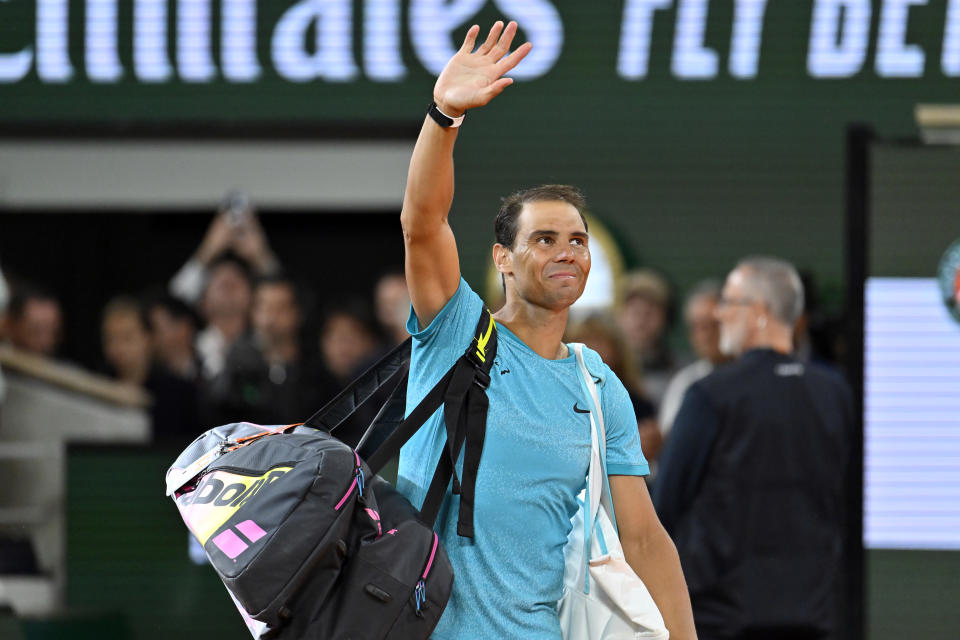 Rafael Nadal waves to the crowd after losing his first round match against Alexander Zverev at the French Open in Paris on Monday.  (Photo by Aurelien Meunier/Getty Images)