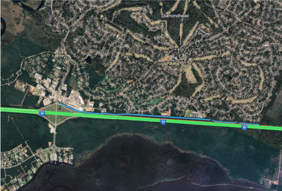 A satellite image provided by the Mississippi Department of Transportation shows the I-10 widening project near Diamondhead. The red line represents the noise barrier wall and the blue line represents the multi-use path. MDOT expects to complete the project by 2027.