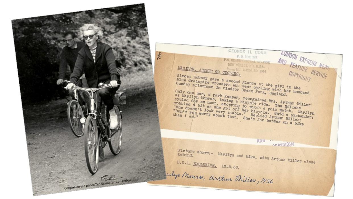 Black and white photo of Marilyn Monroe and Arthur Miller on a bike ride in Windsor Great Park, in summer 1956 alongside newspaper cuttings