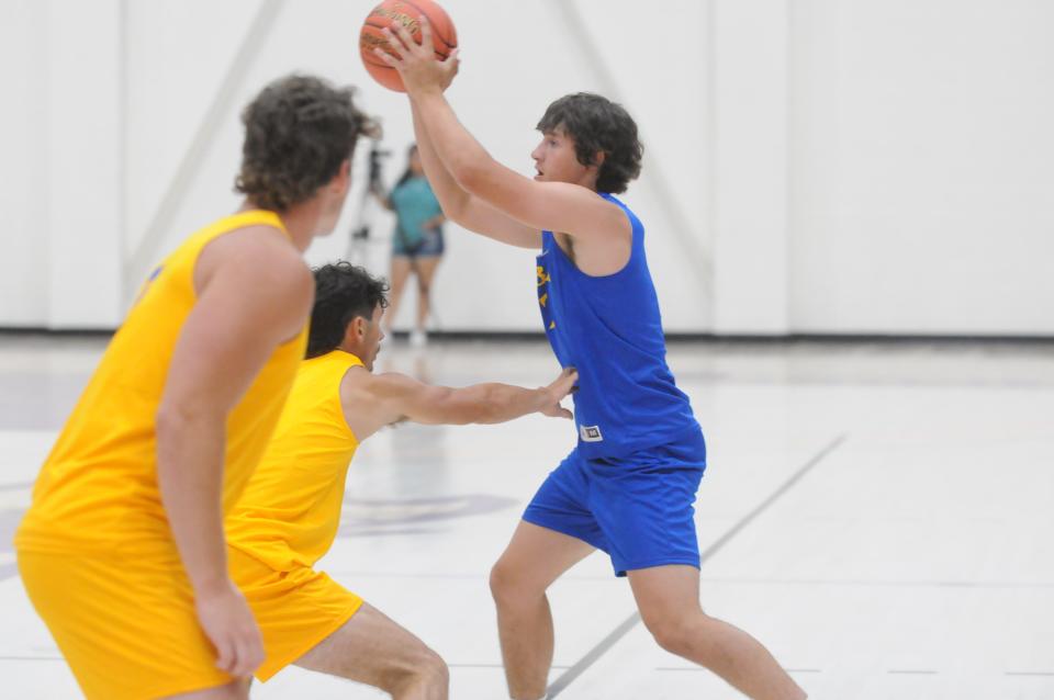 Cheney's Harrison Voth (2) looks for an open teammate during the KBCA All-Star Game Saturday, June 18, 2022 at Mabee Arena in Salina.