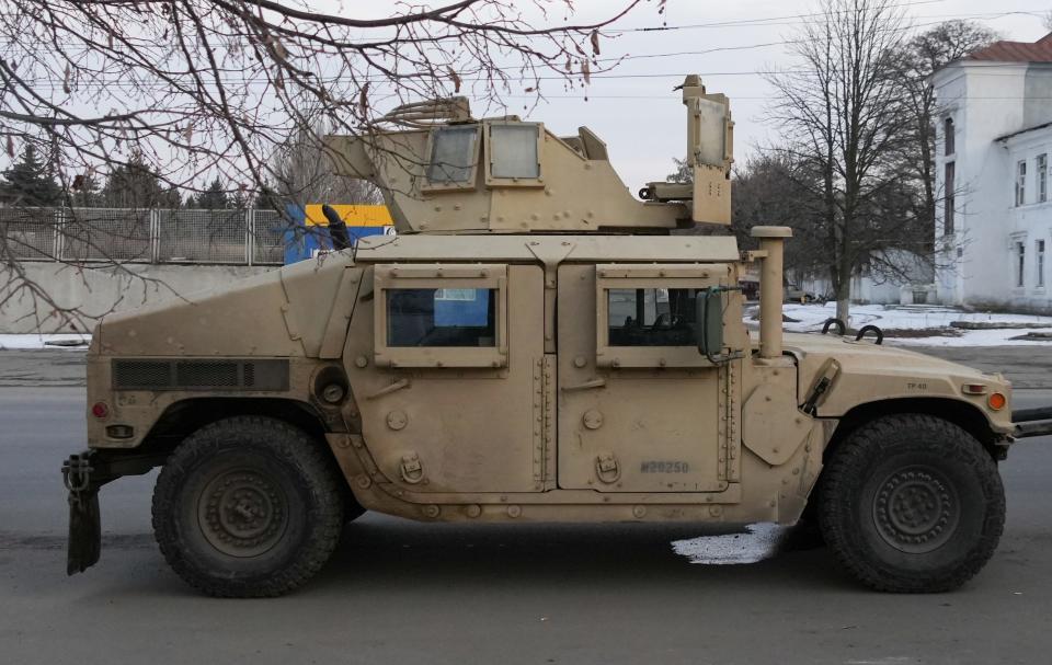 A U.S Humvee tactical vehicle produced for the U.S. Army is seen near the eastern Ukrainian city of Kramatorsk, in the Donbas region, on Feb. 11, 2023.