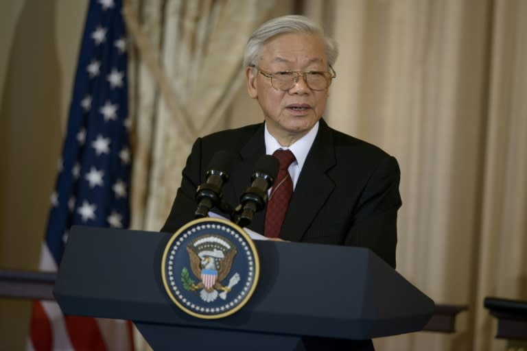 Vietnamese Communist Party General Secretary Nguyen Phu Trong speaks before a luncheon at the US State Department on July 7, 2015 in Washington, DC