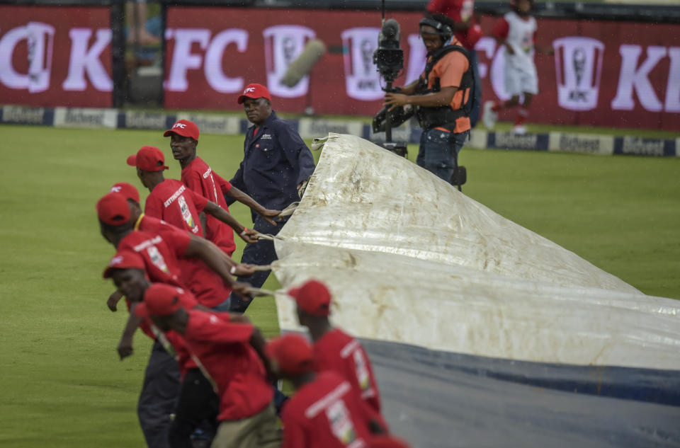 Rain stopped play playing a shot during the T20I match between South Africa and Sri Lanka at Wanderers Stadium in Johannesburg, South Africa, Sunday, March, 24, 2019. (AP Photo/Christiaan Kotze)