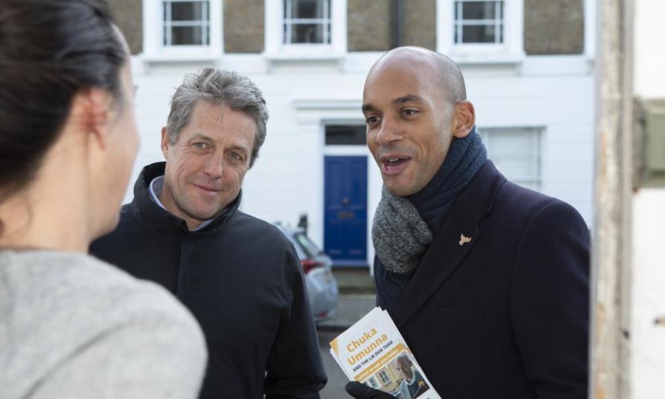 Chuka Umunna on the doorsteps for the Lib Dems with Hugh Grant in December.