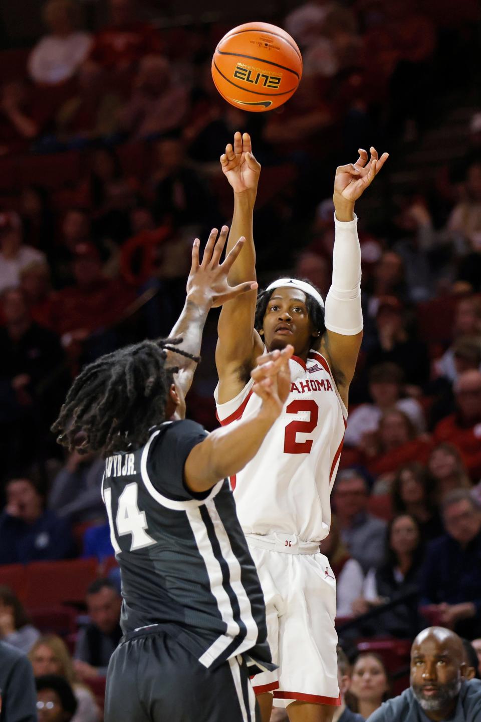 Oklahoma guard Javian McCollum (2) shoots over Providence guard Corey Floyd Jr. (14) during the second half of an NCAA college basketball game, Tuesday, Dec. 5, 2023, in Norman, Okla. (AP Photo/Nate Billings)