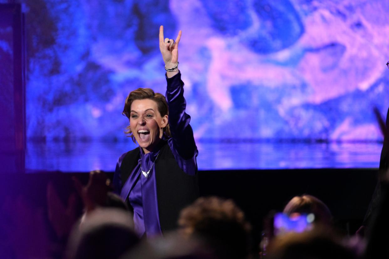 Feb 5, 2023; Los Angeles, CA, USA; Brandi Carlile reacts after winning the award for best rock performance during the Grammy Awards Premiere Ceremony at the Microsoft Theater in Los Angeles on Sunday, Feb. 5, 2023. Mandatory Credit: Robert Hanashiro-USA TODAY