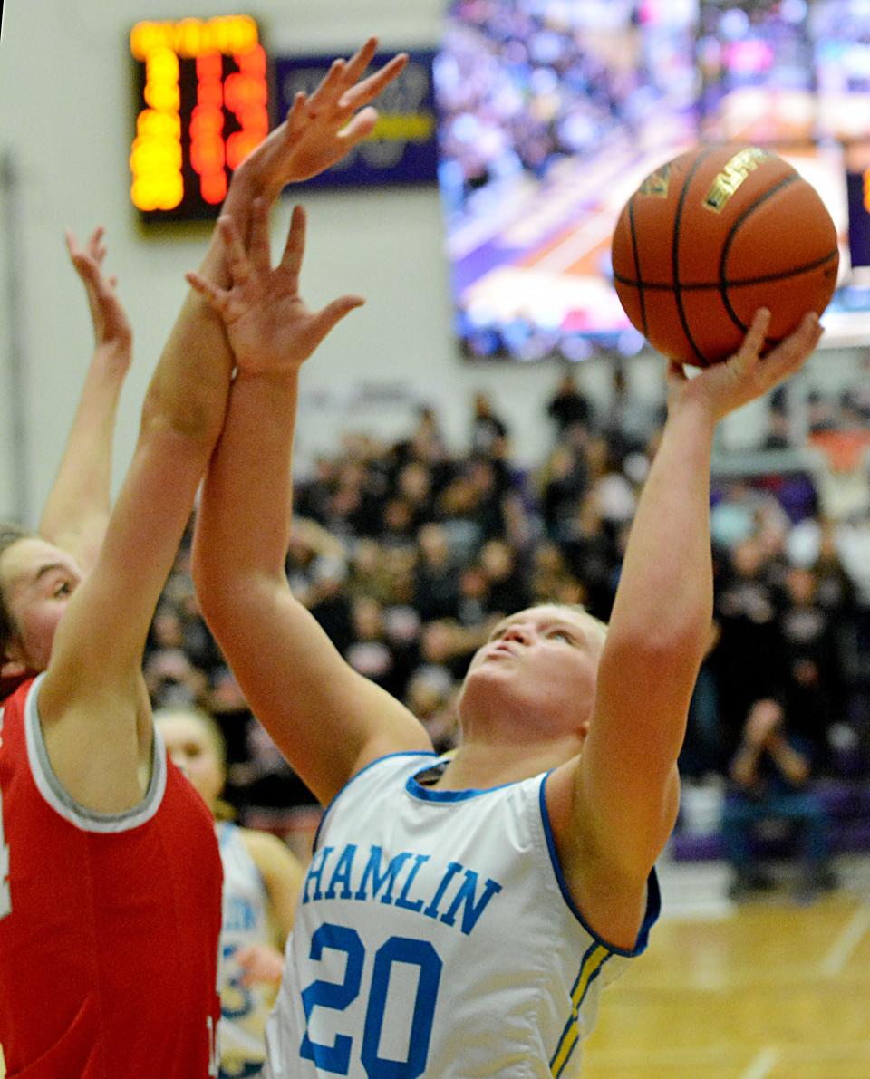 Hamlin's Kami Wadsworth shoots against Wagner's Ashlyn Koupal during the championship game of the state Class A girls basketball tournament on Saturday, March 11, 2023 in the Watertown Civic Arena.