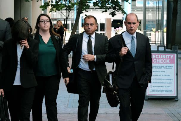 PHOTO: Former Theranos COO Ramesh 'Sunny' Balwani and his legal team leave the Robert F. Peckham Federal Building, July 7, 2022, in San Jose, Calif. (David Odisho/Getty Images)