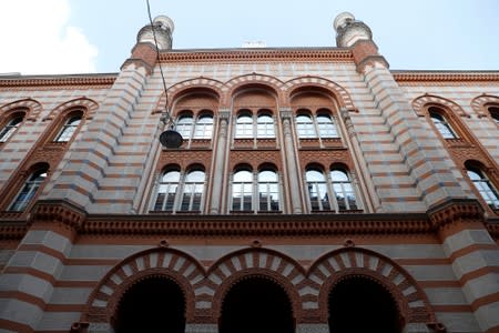 The facade of the Rumbach street synagogue is seen in Budapest