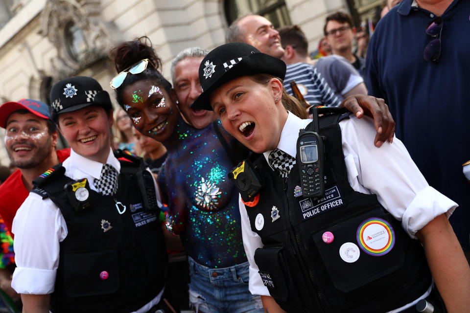 <p>Participants and police officers take part in the annual Pride in London Parade, which started in Portland Place and ends in Whitehall, in central London, Britain, July 8, 2017. (Photo: Neil Hall/Reuters) </p>