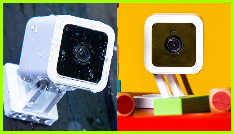 White Wyze security camera shown outdoors in rain and indoors on a desk