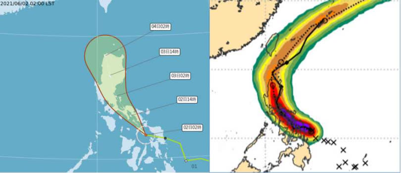 最新(2日2時)中央氣象局「路徑潛勢預測圖」（左）及最新(1日20時)歐洲(ECMWF)模式系集模擬（右）顯示，第3號颱風「彩雲」，大致在呂宋島北轉，受菲律賓地形破壞，進入巴士海峽時已減弱為熱帶低壓；再轉向東北，結構持續受垂直風切破壞。（圖／翻攝自「三立準氣象· 老大洩天機」專欄）