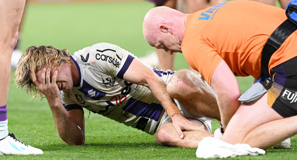 Seen here, Ryan Papenhuyzen after suffering a broken ankle in the NRL.