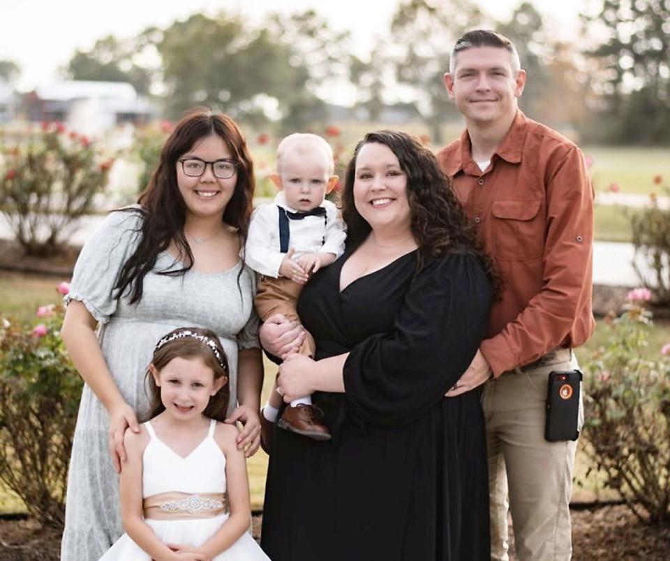 Yi-Fen “Rachel” Shen, left, is pictured with her American host family, the Addisons of Horton — Emmeline, Trace, Danessa and Scotty.