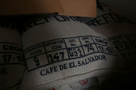 A salvadorean coffee sack ready to be exported is seen at El Borbollon coffee mill in Santa Ana, El Salvador on May 25, 2018, 2018. Picture taken on May 25. REUTERS/Jose Cabezas