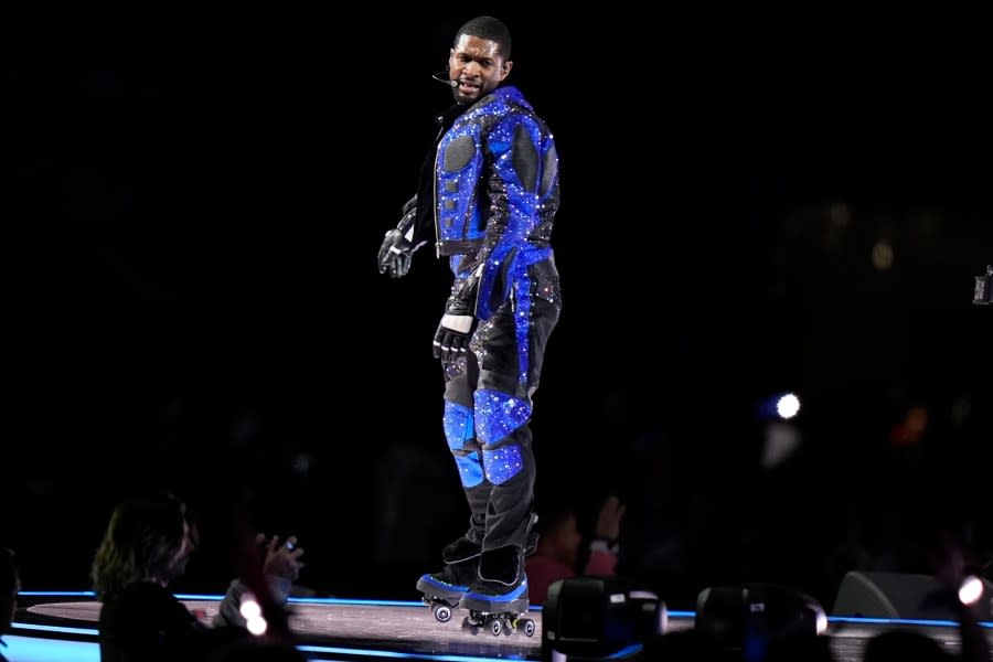 Usher performs during halftime of the NFL Super Bowl 58 football game between the San Francisco 49ers and the Kansas City Chiefs on Sunday, Feb. 11, 2024, in Las Vegas. (AP Photo/Frank Franklin II)