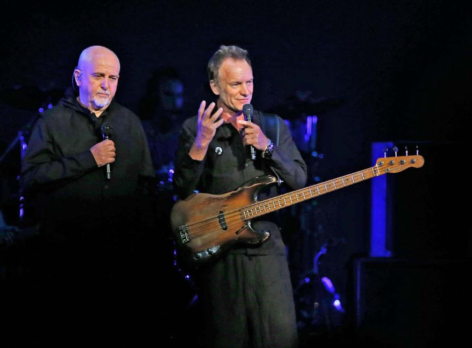 Peter Gabriel last performed in Columbus seven years ago. Here, Gabriel and Sting stood together onstage to explain the nature of their Rock, Paper, Scissors Tour that began in Columbus at Nationwide Arena on June 21, 2016. Gabriel performed solo, with band, at Nationwide Arena on Sept. 25, 2023, (Chris Russell/Dispatch Photo)