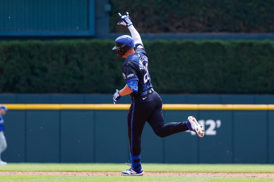 Detroit Tigers first baseman Spencer Torkelson rounds the bases after hitting a home run in the third inning of the game against the Toronto Blue Jays at Comerica Park in Detroit on May 26, 2024.