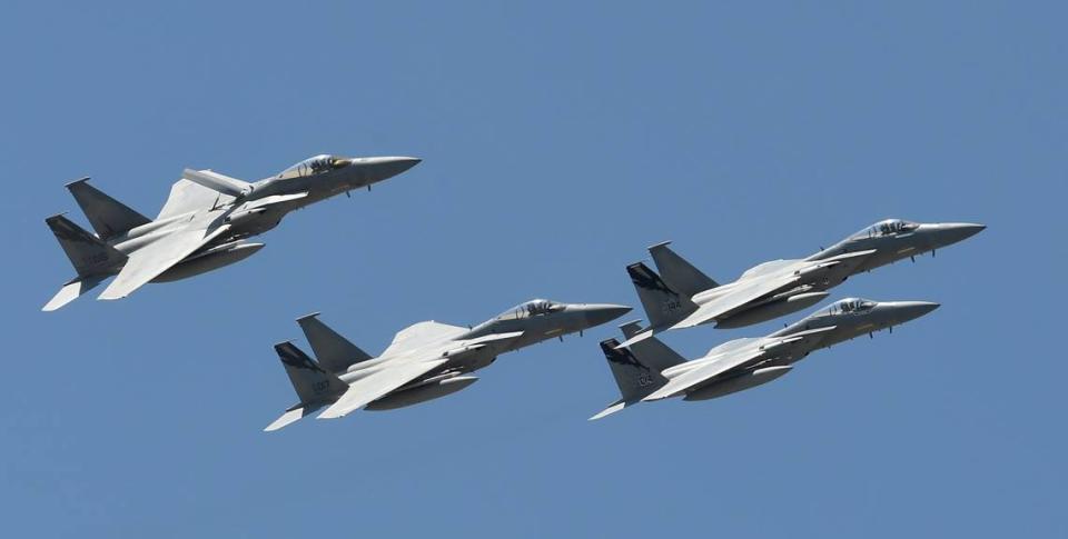 Four F-15 fighter jets from 144th Fighter Wing of the California Air National Guard based in Fresno fly in a missing man formation over Community Regional Medical Center in 2020 as a salute to emergency workers and first responders.