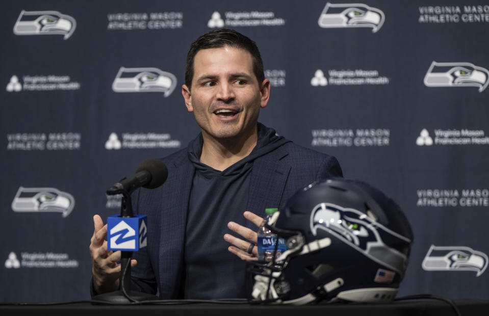 Seattle Seahawks new NFL football head coach Mike Macdonald speaks during an introductory press conference, Thursday, Feb. 1, 2024, in Renton, Wash. (AP Photo/Stephen Brashear)