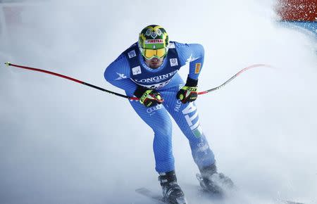 Alpine Skiing - FIS Alpine Skiing World Championships - Men's Alpine Combined Downhill - St. Moritz, Switzerland - 13/2/17 - Dominik Paris of Italy reacts at the finish line of the downhill part of the Alpine Combined. REUTERS/Denis Balibouse