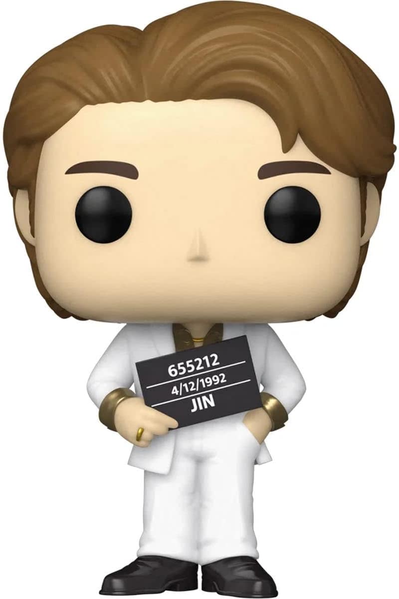 Jin pop vinyl in a white suit and gold jewelry 