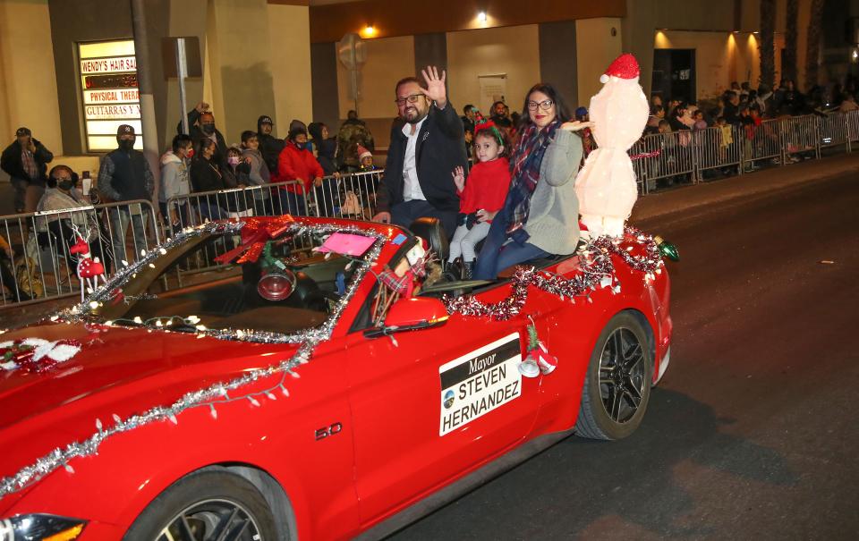 Coachella mayor Steven Hernandez and family ride in the Coachella Holiday Parade, December 10, 2021.