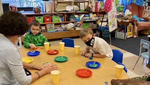 Barbara Travalini is a kindergarten paraprofessional at Lakeview Elementary School in the Ridley School District in Pennsylvania. Three students in the district are splitting their days between kindergarten and first grade — a modified version of retention. (Ridley School District)