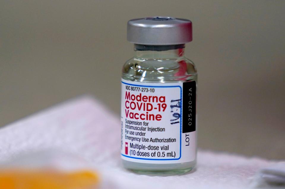 A bottle of the Moderna coronavirus vaccine is shown in Topeka, US.  (AP)