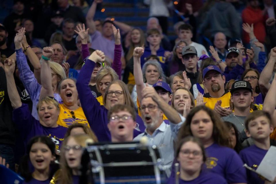 Lyon County fans cheer during the 2023 Sweet 16 in Rupp Arena. Their Lyons, led by University of Kentucky signee and Mr. Basketball Travis Perry are back for another try this year after winning the 2nd Region.