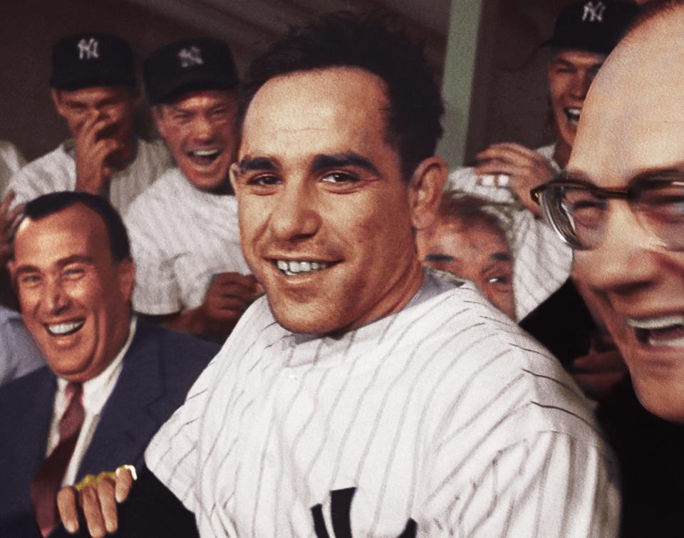 New York Yankees star and Baseball Hall of Famer Yogi Berra smiling. This is a still from the new documentary, "It Ain't Over," which will be released in theaters starting May 12.