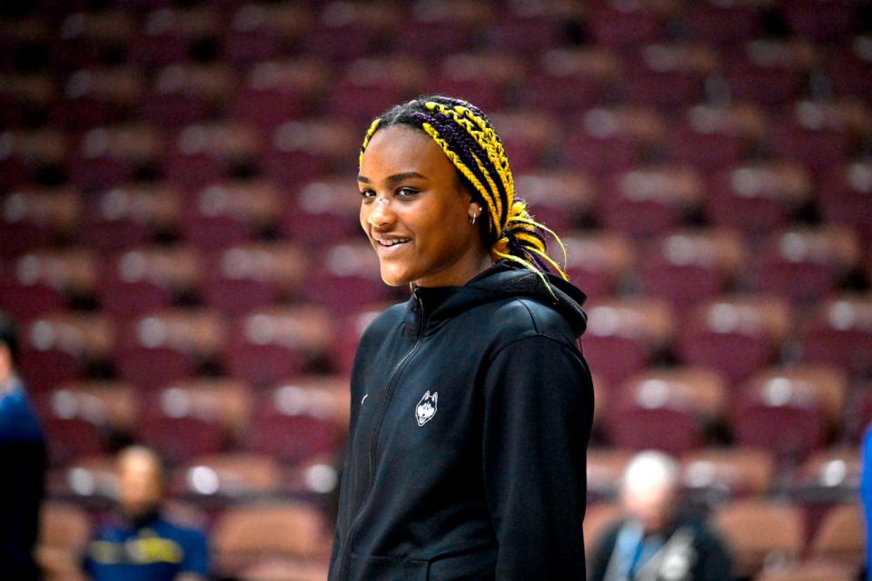 PHOTO: UConn forward Aaliyah Edwards before an NCAA college basketball game in the semifinals of the Big East Conference tournament at Mohegan Sun Arena, March 10, 2024, in Uncasville, Conn. (Jessica Hill/AP)