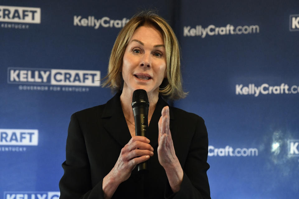 Kentucky Republican gubernatorial candidate Kelly Craft speaks to a group of supporters during a campaign stop in Liberty, Ky., Wednesday, May 3, 2023. Craft personally pumped $2.25 million dollars of her family's wealth into her campaign. (AP Photo/Timothy D. Easley)
