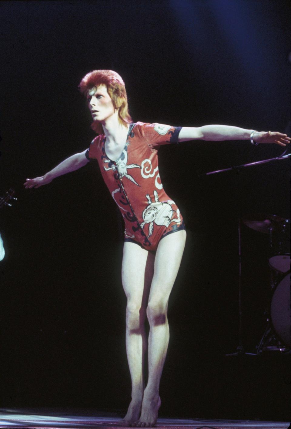 David Bowie in the 'woodland creatures' jumpsuit at Hammersmith Odeon in 1973  - Debi Doss/Hulton Archive/Getty Images