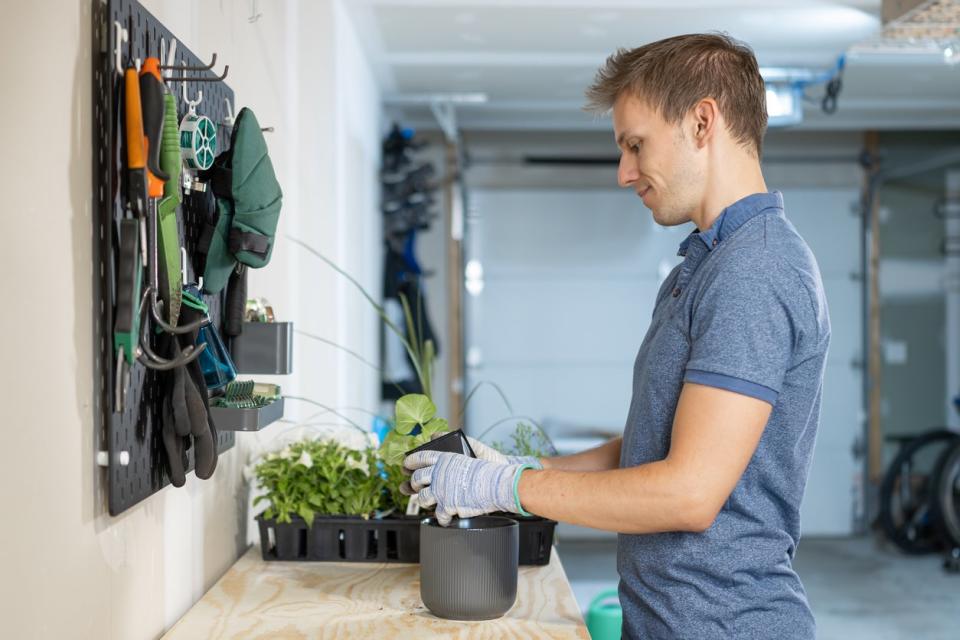 Medium shot of a young man gardening at home in his attached garage