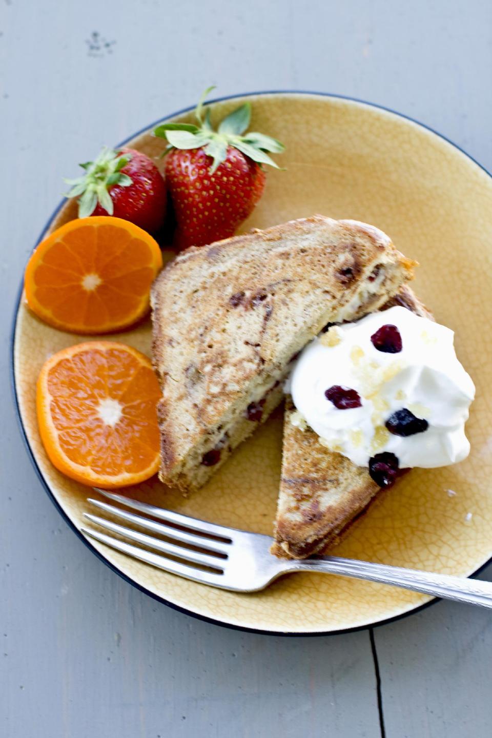 In this image taken on November 12, 2012, cranberry cream cheese stuffed French toast is shown served on a plate in Concord, N.H. (AP Photo/Matthew Mead)