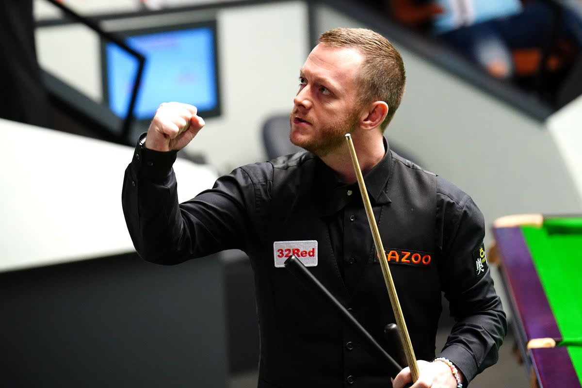 Mark Allen celebrates beat Jak Jones to reach the semi-finals of the Cazoo World Snooker Championship in Sheffield (Zac Goodwin/PA) (PA Wire)