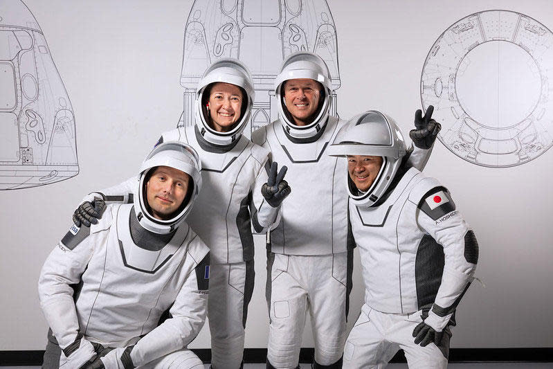 The Crew-3 astronauts will replace four fliers who were launched last April on the Crew-2 mission (left to right): European Space Agency astronaut Thomas Pesquet, Megan McArthur, Shane Kimbrough and Japanese astronaut Akihiko Hoshide. / Credit: NASA