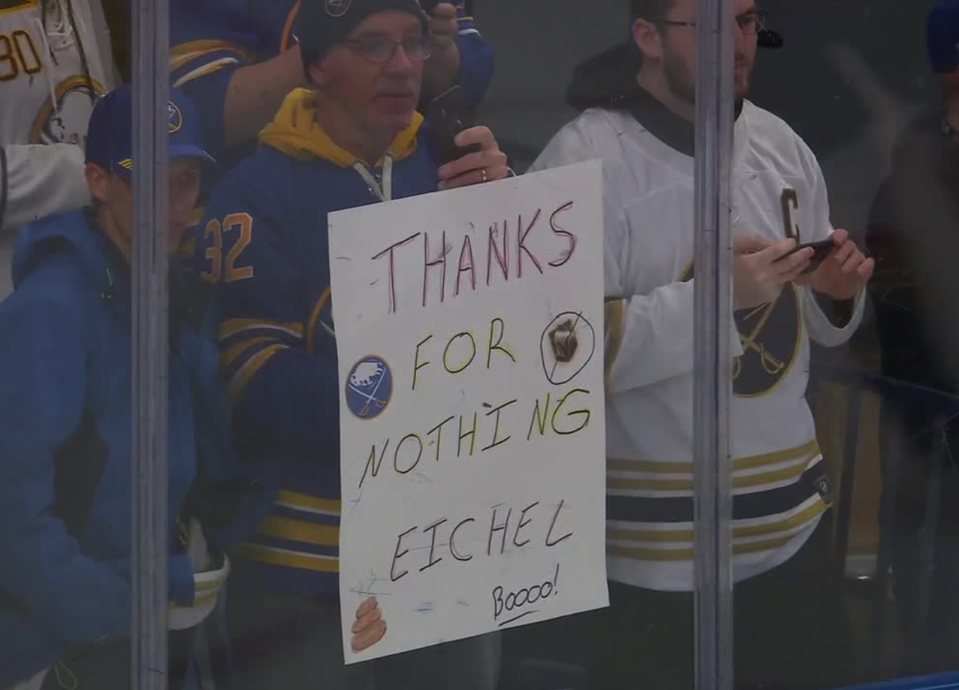 Whether it was justified or not, Sabers fans were cheering for former captain Jack Eichel all night upon his return to Buffalo.  (Photo via ESPN broadcast)