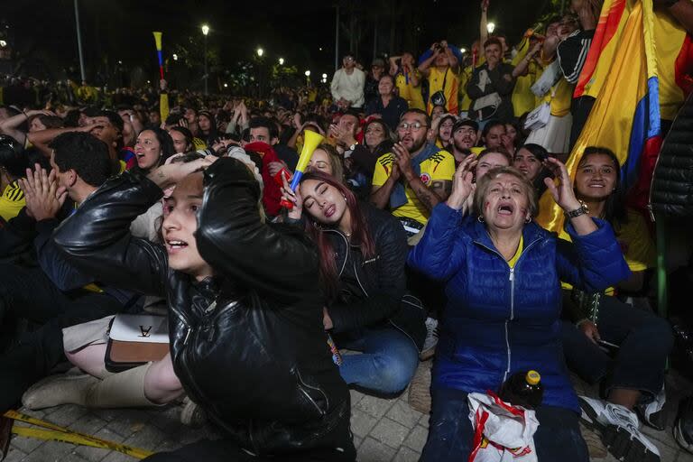 Aficionados de Colombia observan una transmisión del partido final de la Copa América contra Argentina en Bogotá