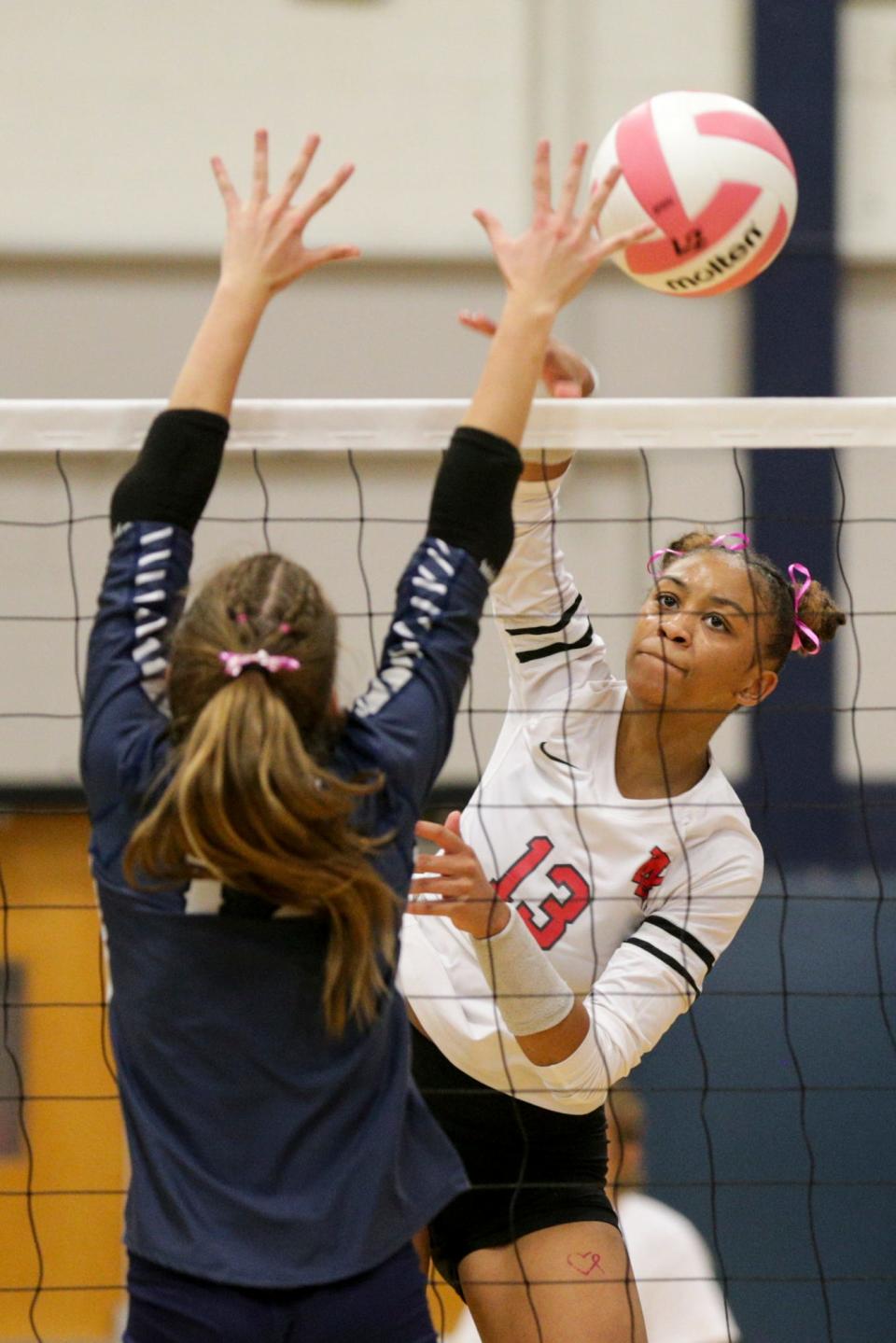 West Lafayette's Rachel Williams (13) spikes the ball during the fourth set of an IHSAA volleyball game, Wednesday, Sept. 29, 2021 in Lafayette.