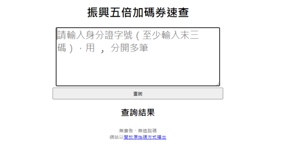  網友開發出加碼券速查網站。（圖／翻攝自振興五倍加碼券速查）