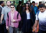 Actress Priyanka Chopra and her husband Nick Jonas arrive in Udaipur to attend pre-wedding celebrations of Isha Ambani, daughter of the Chairman of Reliance Industries Mukesh Ambani, in the desert state of Rajasthan, India, December 8, 2018. REUTERS/Amit Dave