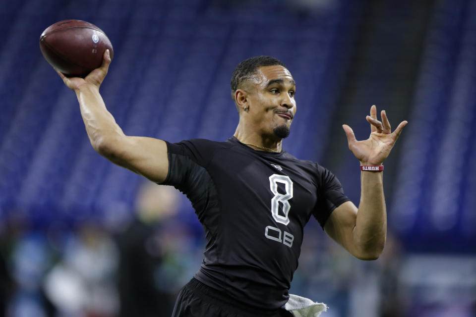 FILE - In this Feb. 27, 2020, file photo, Oklahoma quarterback Jalen Hurts runs a drill at the NFL football scouting combine in Indianapolis. Barring a move, Pittsburgh will have to wait until the middle of the second round to be on the clock at the NFL Draft. (AP Photo/Michael Conroy, File)