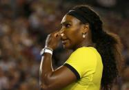 Serena Williams of the U.S. reacts during her final match against Germany's Angelique Kerber at the Australian Open tennis tournament at Melbourne Park, Australia, January 30, 2016. REUTERS/Thomas Peter